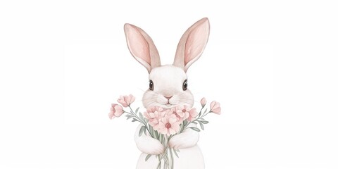 Cute bunny holding flowers in soft vintage watercolor tones, perfect for spring decor or children's art