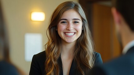 A young Caucasian woman with long hair smiles brightly during a professional meeting.