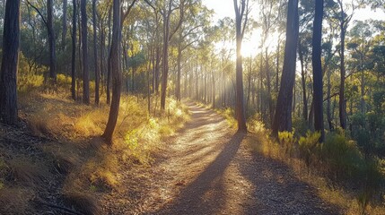 Obraz premium A quiet forest path with sunlight filtering through tall trees, creating a serene and peaceful environment for relaxation and mindfulness practice.