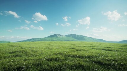 Fototapeta premium A calm mountain vista with a clear blue sky and green meadows, offering a peaceful and expansive view ideal for mindfulness and relaxation.