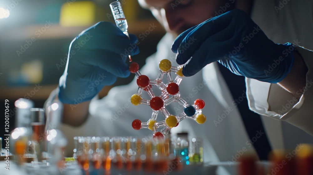 Poster a focused male scientist in a lab coat conducts experiments with colorful molecular models and test 