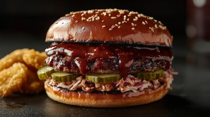 A street food-style gourmet burger with a pulled pork patty, coleslaw, pickles, and tangy BBQ sauce, served with a side of crunchy fried pickles.