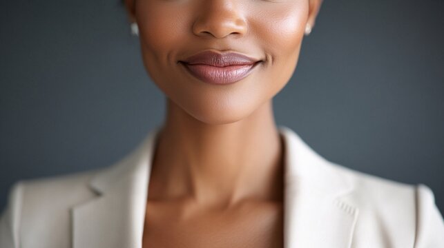 Confident African American woman in a light blazer, smiling warmly against a neutral backdrop.