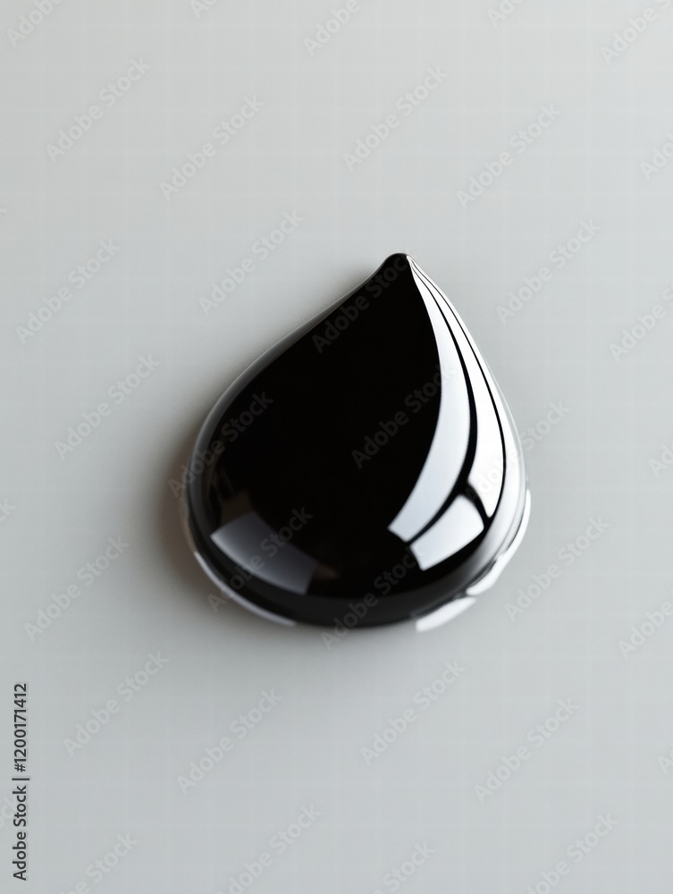 Poster close up view of a single black oil drop on a smooth surface during bright lighting conditions. gene