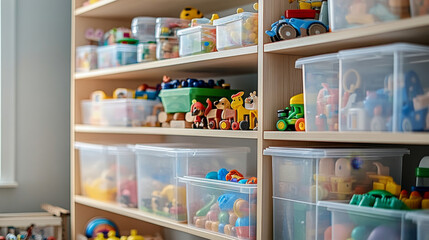 Obraz premium Organized Play: Transparent Plastic Containers for Toy Storage in a Nursery