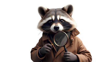 Funny curious detective raccoon with a magnifying glass, isolated on transparent background closeup, investigation search of wildlife smart brown animal secret investigator, cute mystery pet