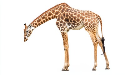 A tall giraffe with intricate patterns on its body, gazing down, isolated on a bright white background,