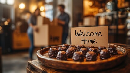 Chocolate bonbons arranged on a wooden tray with a welcome home card in a new house