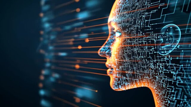 An AI face forming within layers of flowing holographic streams, its features illuminated by glowing lines of machine learning algorithms and data matrices