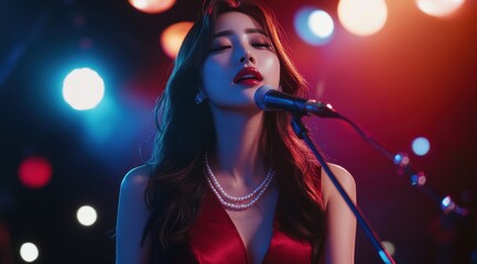 Beautiful woman with long hair, wearing red and pearl necklaces, singing on the stage of an indoor music club