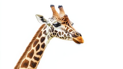 Naklejka premium A tall giraffe with intricate patterns on its body, gazing down, isolated on a bright white background,