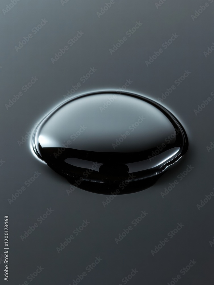 Leinwandbilder Close up view of a single black oil drop resting on a smooth surface reflecting light in a serene setting. Generative AI