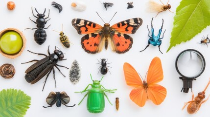 A vibrant collection of various insects and leaves displayed on a white background, showcasing biodiversity