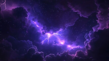 Flashes of lightning and rumbles of thunder in the night sky, with purple clouds as the backdrop.
