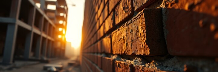 Building construction at sunset showcasing a textured brick wall emphasizing warmth and progress in labor