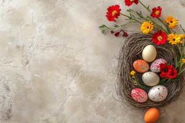 Beige Easter Background with Red and Yellow Flowers and Basket of Decorative Eggs - Space for Text