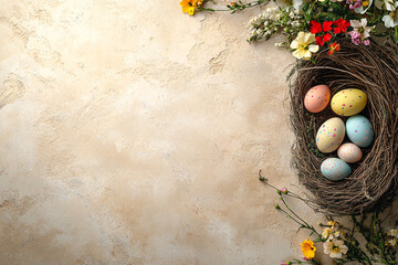 Beige Easter Background with Small Flowers and Basket of Decorative Eggs - Space for Text