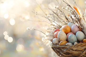 Easter Basket with Colorful Eggs and Sunlit Background with Mosquito Flowers