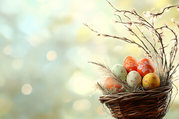 Easter Scene with Sunlit Blurred Background and Basket of Decorative Eggs in a Cotton Nest