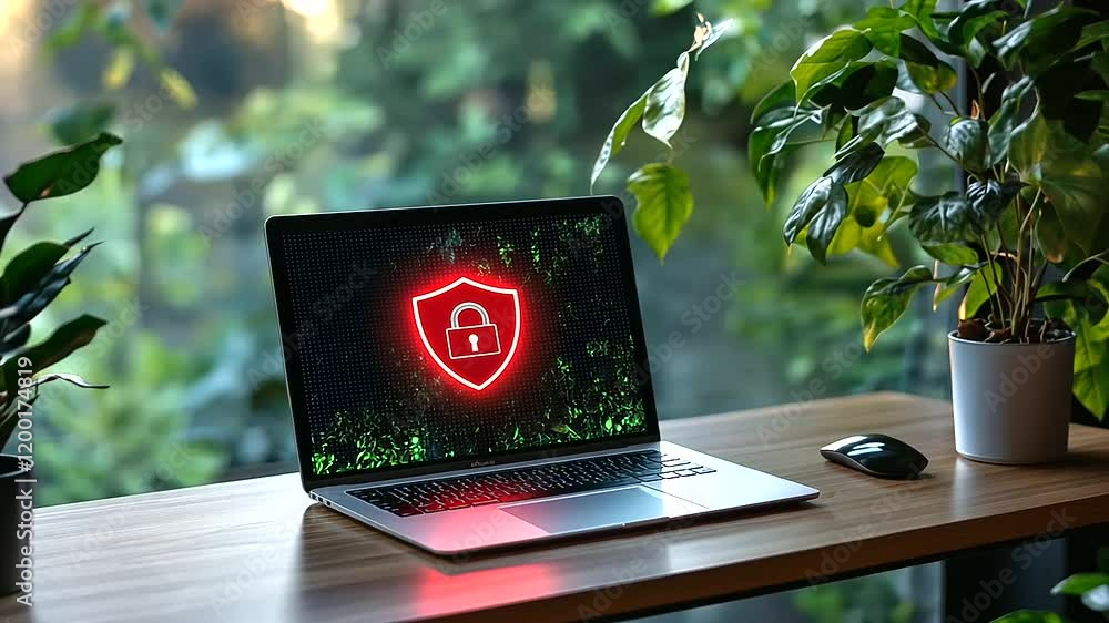 Poster a minimalist home office setup with a laptop prominently displaying a glowing red shield and padlock