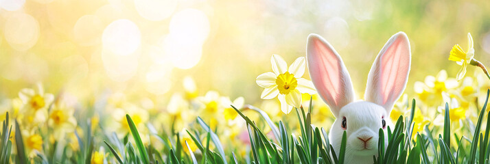Easter Banner with Grass, Daisies, and Bunny in a Sunlit Yellow Background