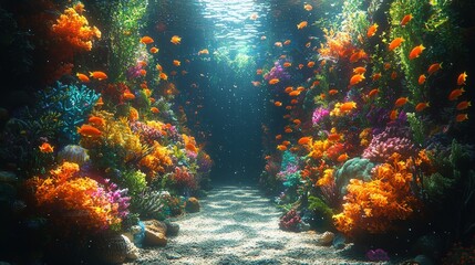 Obraz premium Vivid coral reef teeming with colorful fish bathed in sunlight. Ideal for screensavers, backgrounds, or educational materials on marine life.