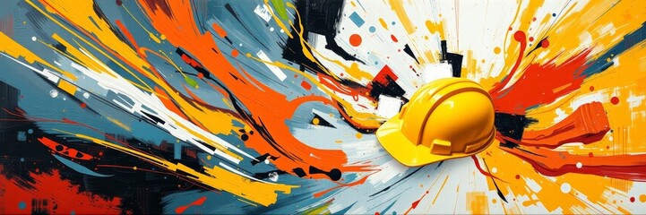 Yellow hard hat on an abstract colorful background with vibrant splashes representing creativity and construction work in celebration of Labor Day