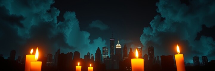 Candlelit skyline with glowing candles in the foreground against a dark, cloudy night sky highlighting city buildings, evoking a serene and reflective ambiance