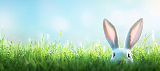 Easter Banner with Blue Sky, Green Grass, and Bunny Peeking Over the Lawn