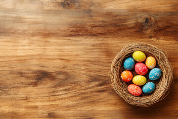 Rustic Easter Background with Wooden Texture and Basket of Decorative Eggs