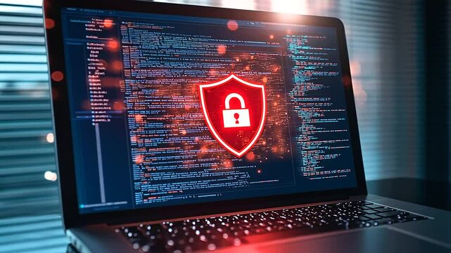 A glowing laptop screen with a bright red shield and padlock icon, symbolizing online security, set in a dimly lit room with light beams filtering through blinds