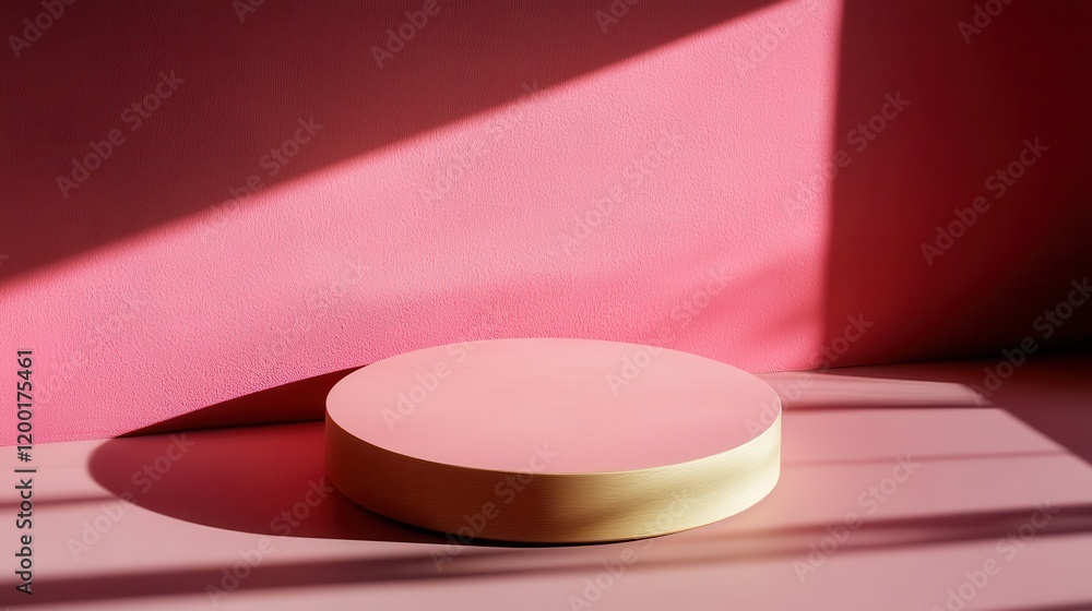 Poster minimalist pink display platform with soft shadows, ideal for product showcasing in modern settings