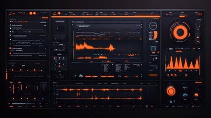 Obraz premium A dark, music production software UI design with numerous buttons and graphs