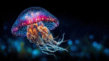   A close-up of a clear jellyfish against a solid black backdrop, featuring a fuzzy depiction of the creature in the distance