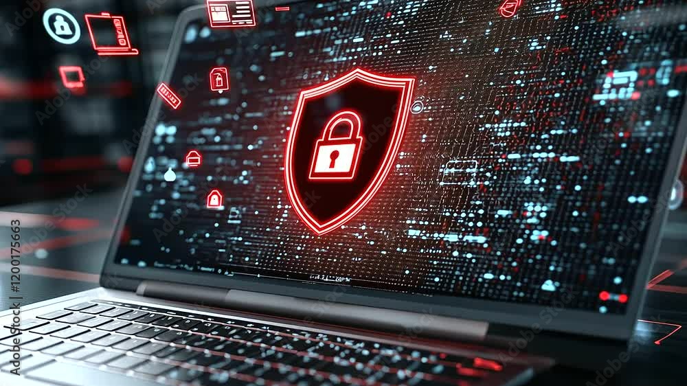 Poster a sleek open laptop on a metallic table, displaying a bold red shield and padlock graphic with digit
