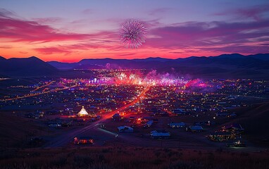 Fireworks explode over a vibrant festival town at sunset, illuminating the landscape with colorful lights.
