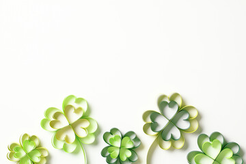 St Patricks Day frame made of paper cut clover leaves on white background. Flat lay, top view, copy...