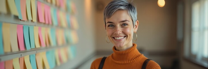 Smiling adult woman with gray hair and orange turtleneck, colorful sticky notes, planning and brainstorming concept