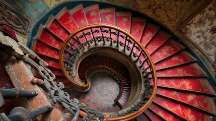 Obraz premium Elegant Ascent: Aerial View of a Spiral Staircase
