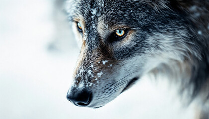 Close-up view of a wolf's face with snowflakes on fur during winter in a forest landscape