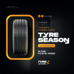 Tire shop, spare parts and auto service discount promotion design. Editable graphic layout. Black Friday sale. Tire shop vector banner of car wheel tyres with tread track price offer. 