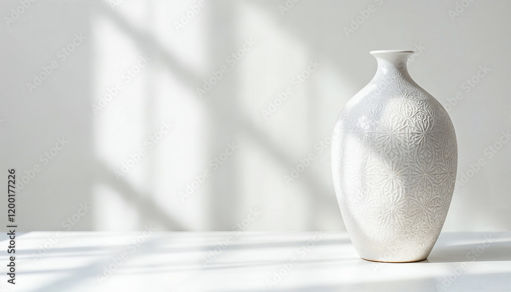 Poster elegant ceramic vase displaying intricate patterns in soft natural light against a minimalist backgr