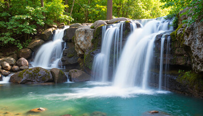Obraz premium Tranquil waterfall cascading into serene pool, natural beauty