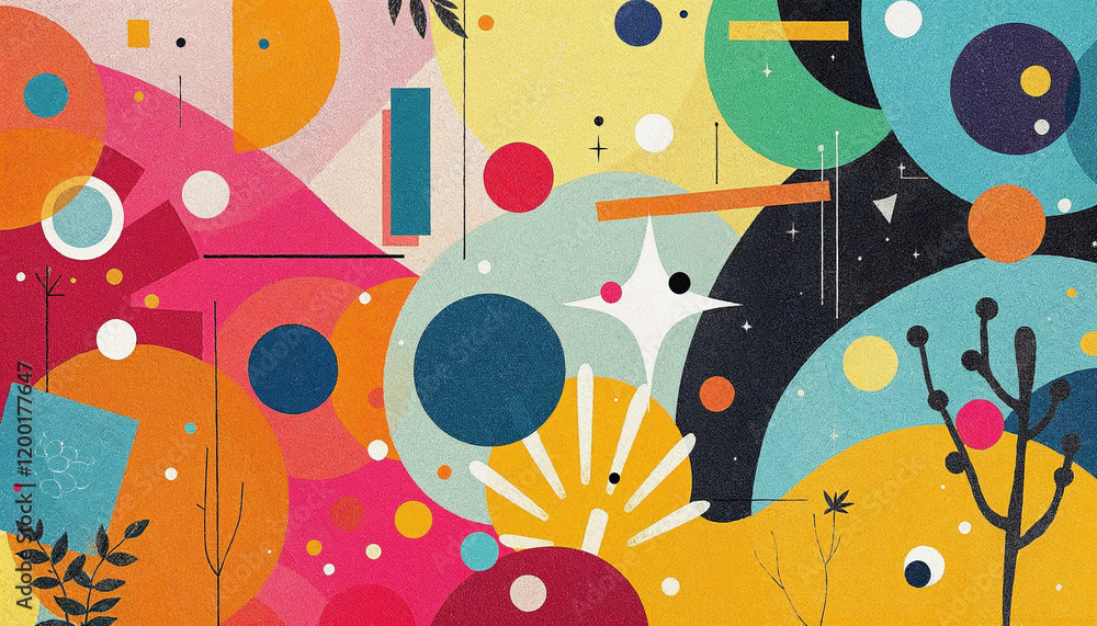 Poster vibrant abstract composition with bold shapes and colors in a playful arrangement on a textured back