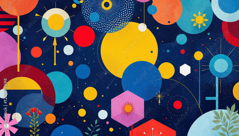 Poster colorful abstract design with geometric shapes and celestial elements on a dark background