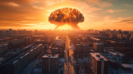 Nuclear explosion destroying city at sunset: dramatic scene of destruction and warfare