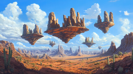 Imaginative desert with surreal floating rock formations, small cacti, and shimmering mirages in the distance. Surreal Desert Mirage. Illustration