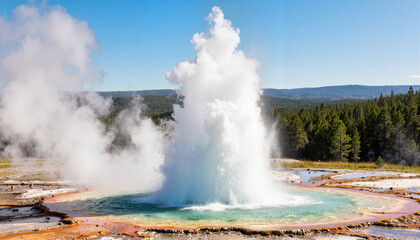 Geyser erupting in Yellowstone with steam clouds, natural spectacle