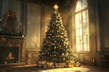 Christmas tree with luxury golden ornaments and holiday decor in an elegant interior with festive lights glowing