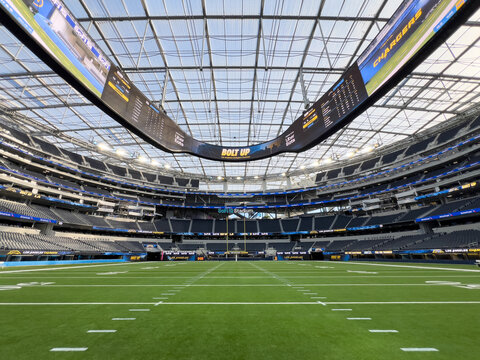 Inglewood, CA, USA - November 14, 2024: Sofi Stadium is home to the NFL Los Angles Rams and Chargers. The state-of-the-art building is a past and future site for the Super Bowl and Olympics.